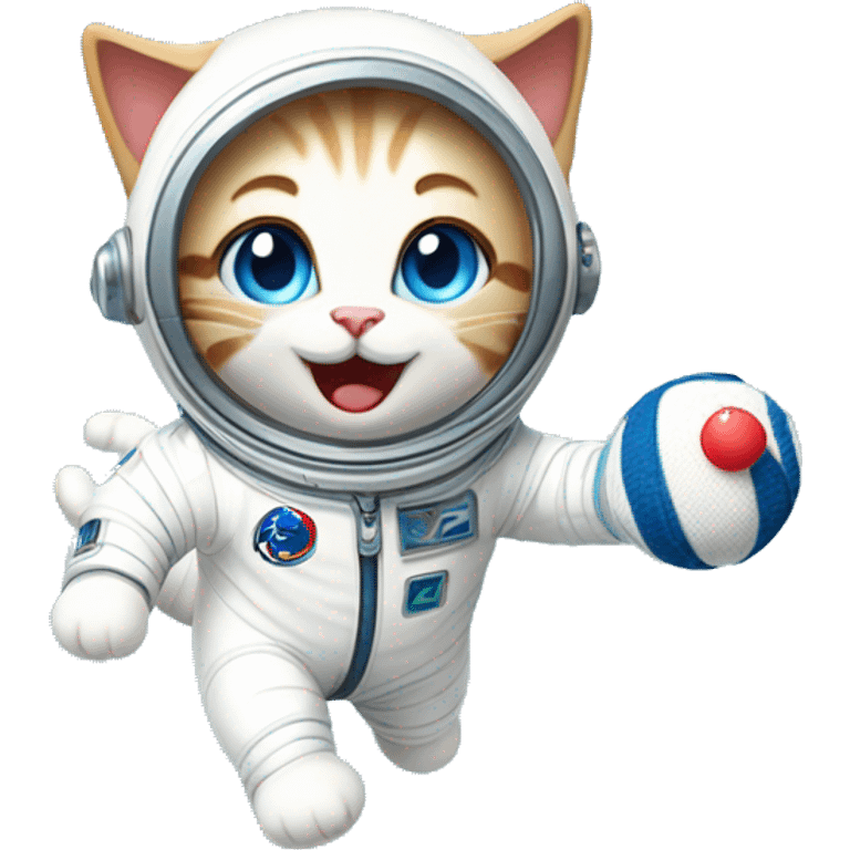 Create a cute cat emoticon wearing a white spacesuit with blue eyes. The cat is playfully upside down in the air, tossing a ball of yarn while having fun. The overall expression should be adorable and whimsical. 
 emoji