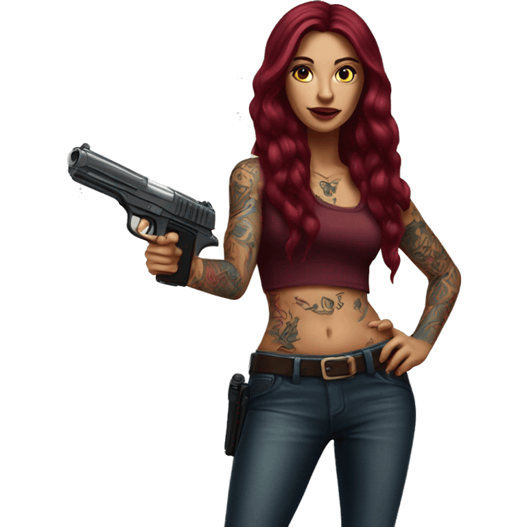 Beautiful tattooed burgundy long haired woman with a gun emoji