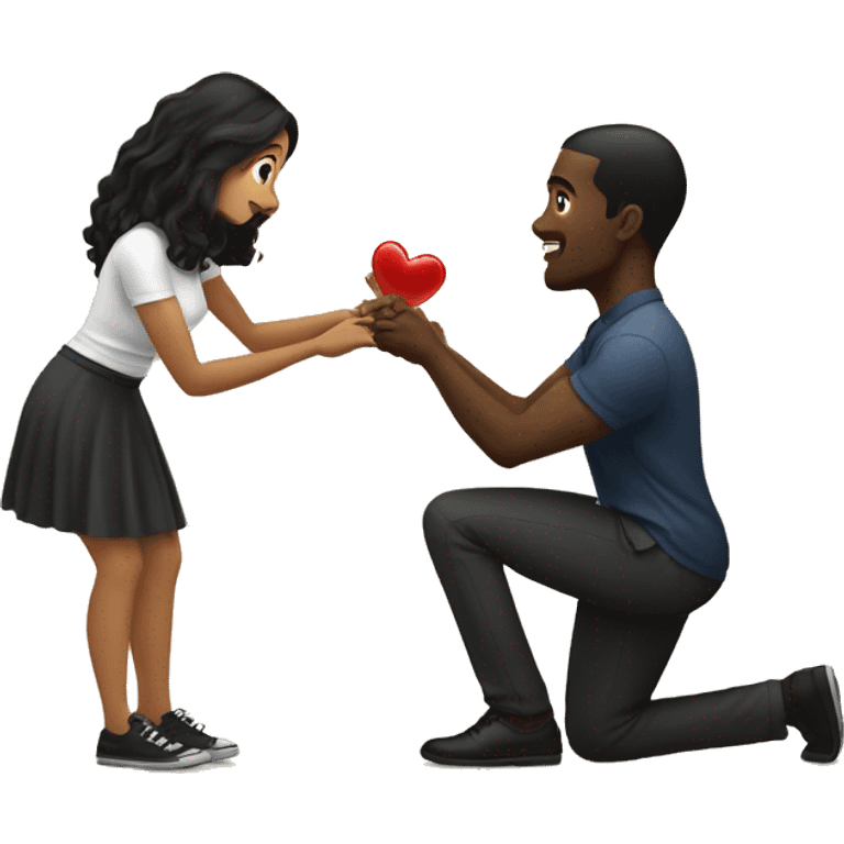 Black guy proposing on one knee with a ring to a standing light brown girl with long black hair emoji