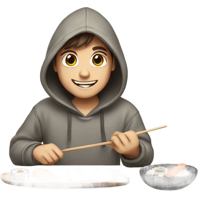 Happy boy with brown hair making sushi in a hoodie emoji