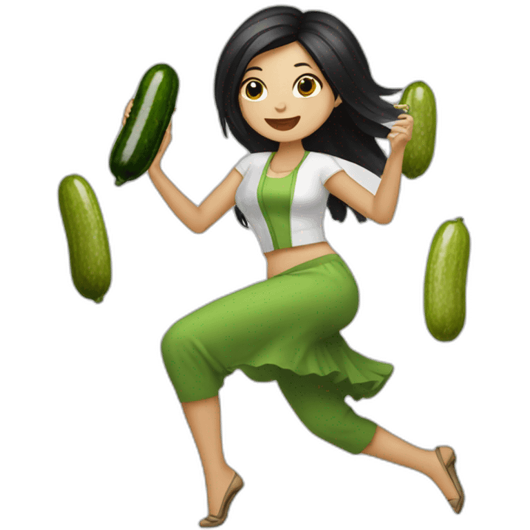 white woman with black long straight hair dancing salsa while eating pickles with a shihtzu emoji