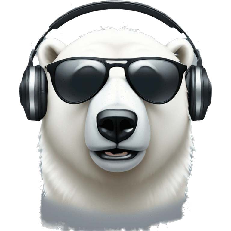 handsome polar bear dj, emoji head, looking forward, wearing dark sunglasses, wearing over-ear headphones on top of head emoji