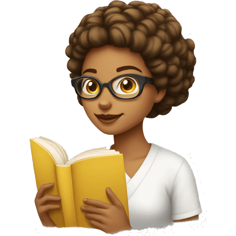 menina de óculos branco lendo um livro de capa amarela emoji