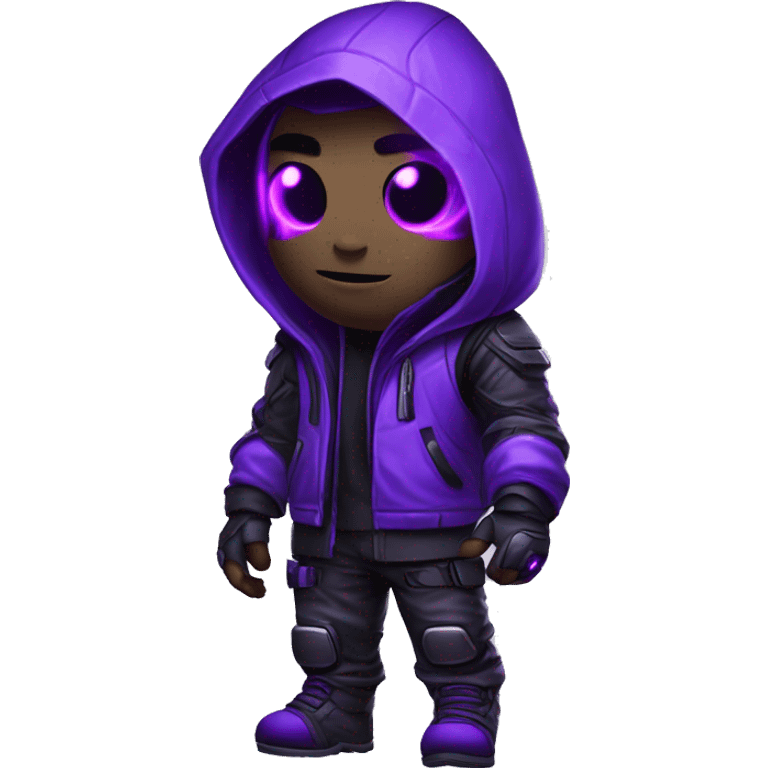 developer behind his laptop with this style : crysis Cyberpunk Valorant neon glowing bright purple character purple violet black hooded assassin themed character emoji