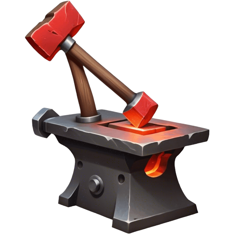 Blacksmithing icon, piece of metal being hammered on an anvil, blacksmith's hammer, sparks flying, glowing red metal, forge in the background, minimalistic style, clean lines, transparent background. emoji