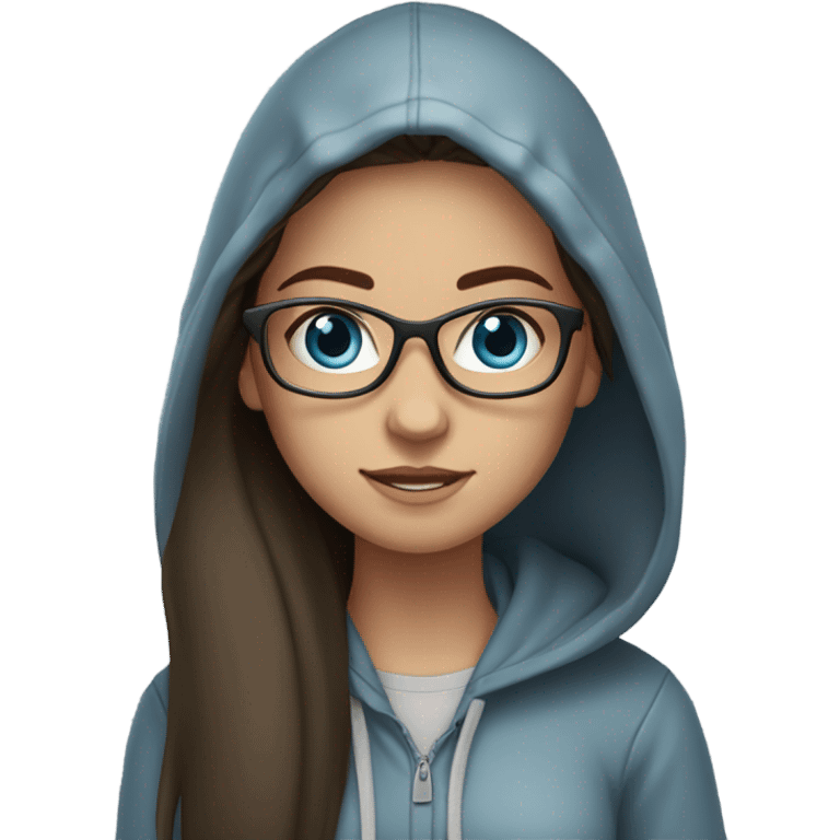 A brunette girl with long straight hair, blue eyes, glasses and a hoodie emoji