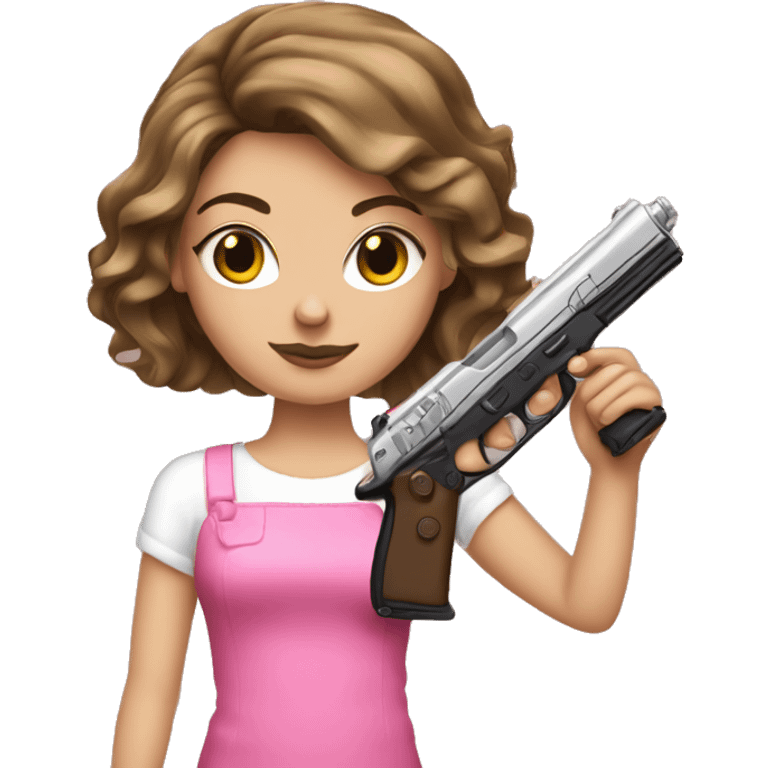 White Girl brown hair hand pink nails holding pink gun emoji