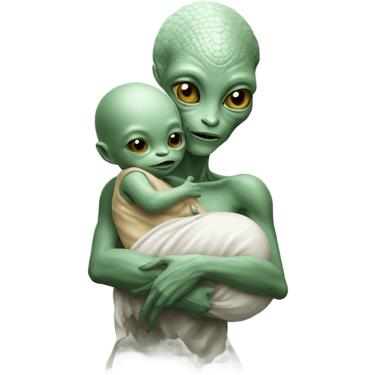  Reptilian alien woman , full body,  holds a newborn white humman baby emoji