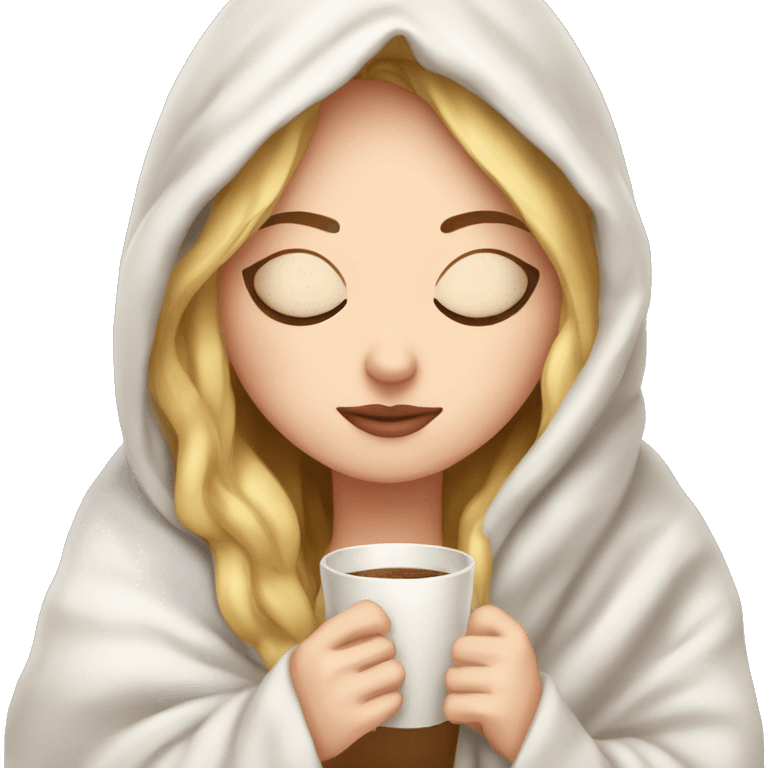 White girl inside a blanket sipping coffee eyes closed emoji