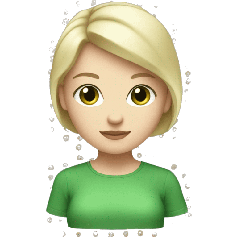 White girl, short blonde hair, green eyes, green shirt  emoji