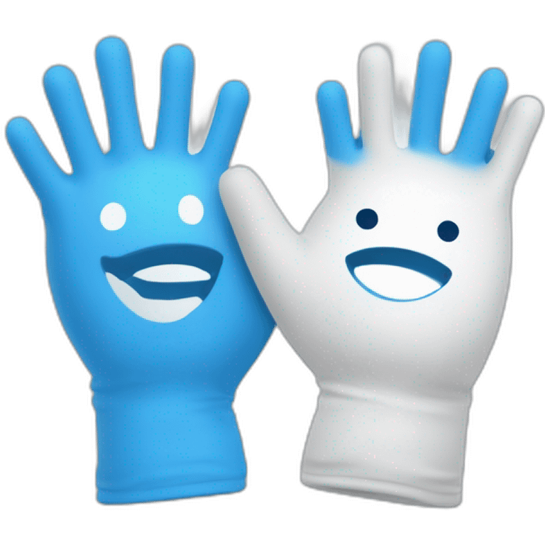 Deux gants blancs souriants, il y a dessiné en bleu un signe mystérieux maçonnique bleu de deux équerres inversées.  emoji