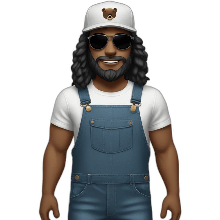 White man with a black bear, long hair, a cap, dungarees and cool sunglasses emoji