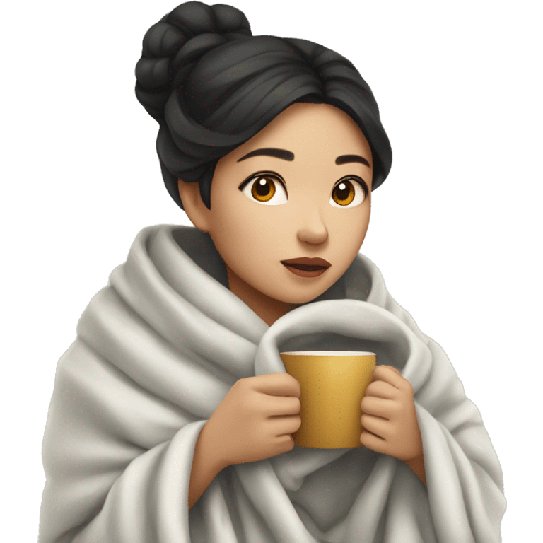 Asian girl wrapped in cozy blanket drinking coffee emoji