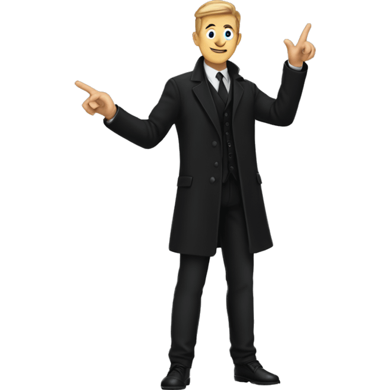 A man wearing black coat and pants pointing his hand towards right emoji