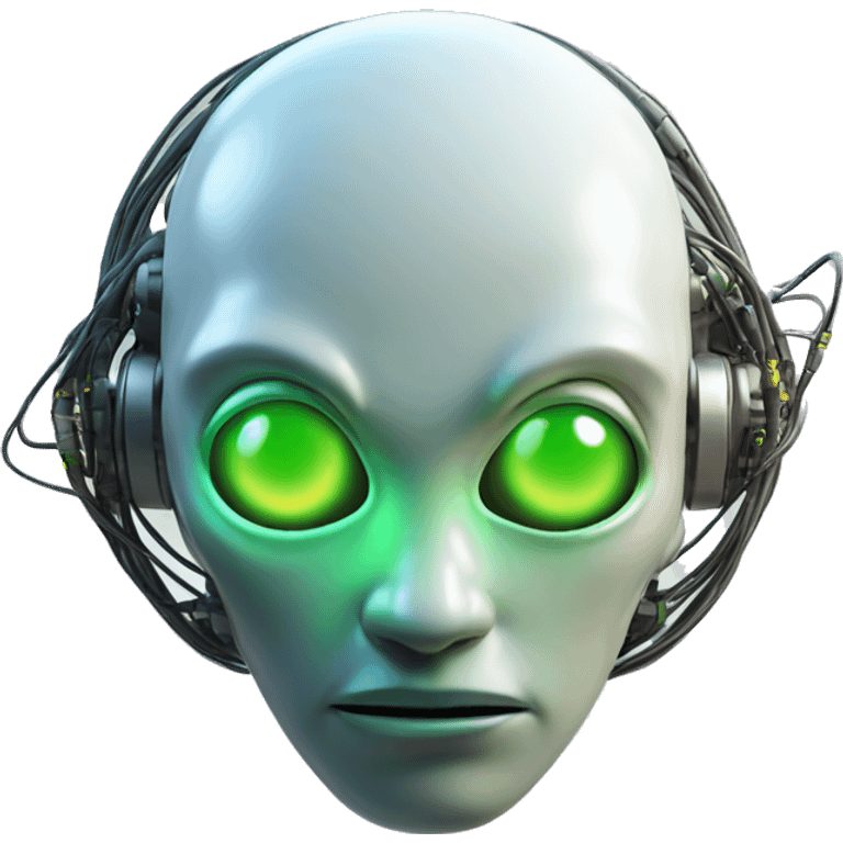 Round Alien cyborg head with glowing wires and green eyes  emoji