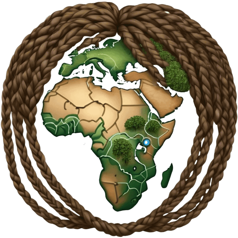 earth globe made of afro braids, wavy hair, and other hairstyles, continents filled with multi-skin-tone colors, olive branches and electronic circuit patterns surrounding emoji