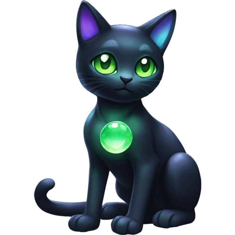 Shiny, Sparkly, Black Dark-type--Psychic-Ice-type-Fakémon-Alien-Cat Blind Purple eyes, green gem, full body emoji