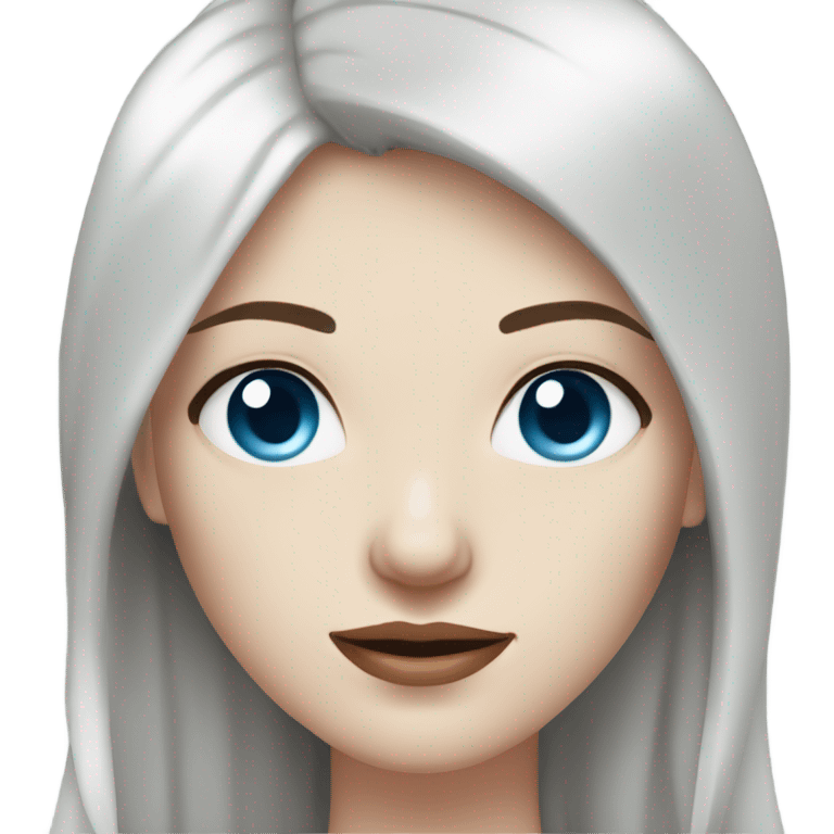 woman with pale skin, blue eyes and long dark red hair with layers and fringe bangs, wearing a white top and silver jewellery emoji