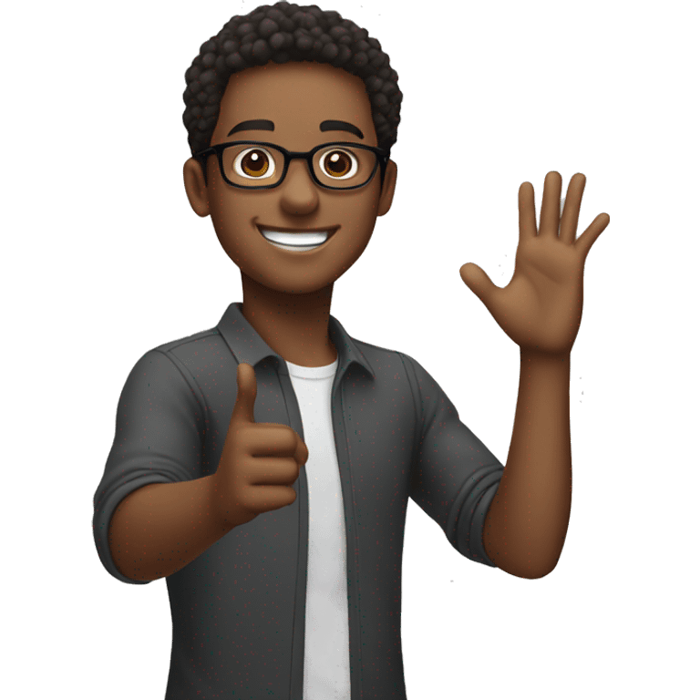 smiling young man who wearing glasses 
 putting hands up  emoji