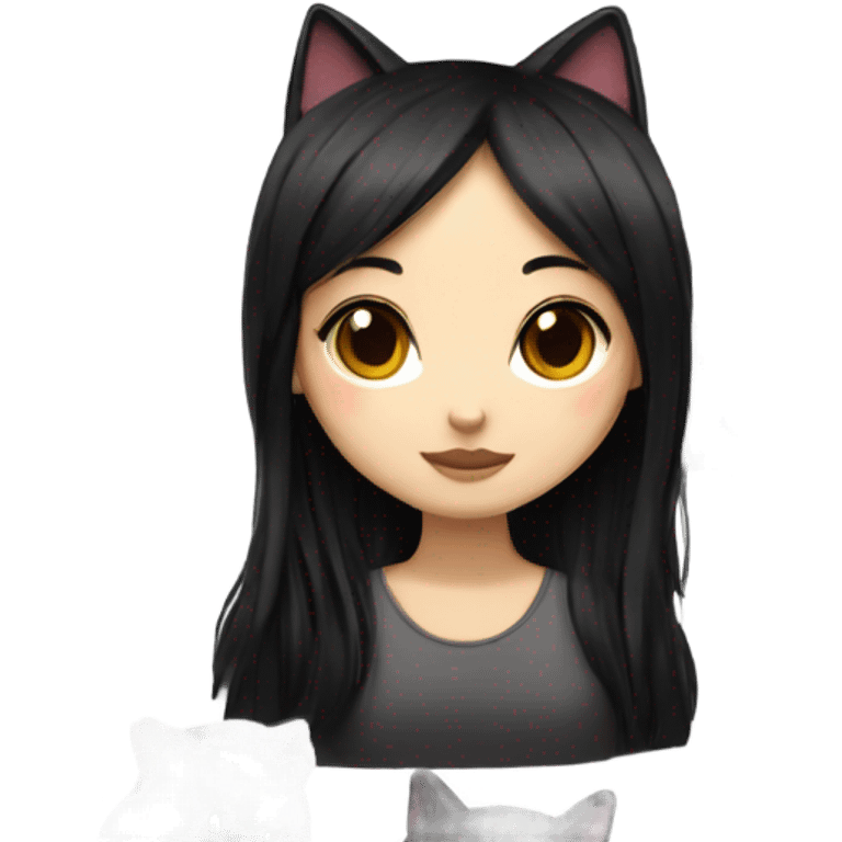 cat shubby asian girl long black hair with black cat emoji