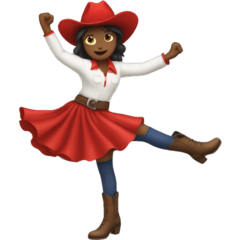 A girl with a red cowboy hat and a skirt doing a high kick emoji