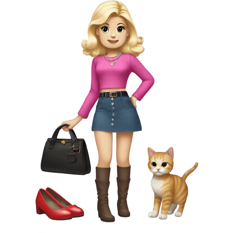 Blonde Nighty Brights Francie. Enid Sinclair. Mini-skirt, pumps, bracelet, earrings, purse , tights,go-go boots, Going out with Slippers the kitten.  emoji