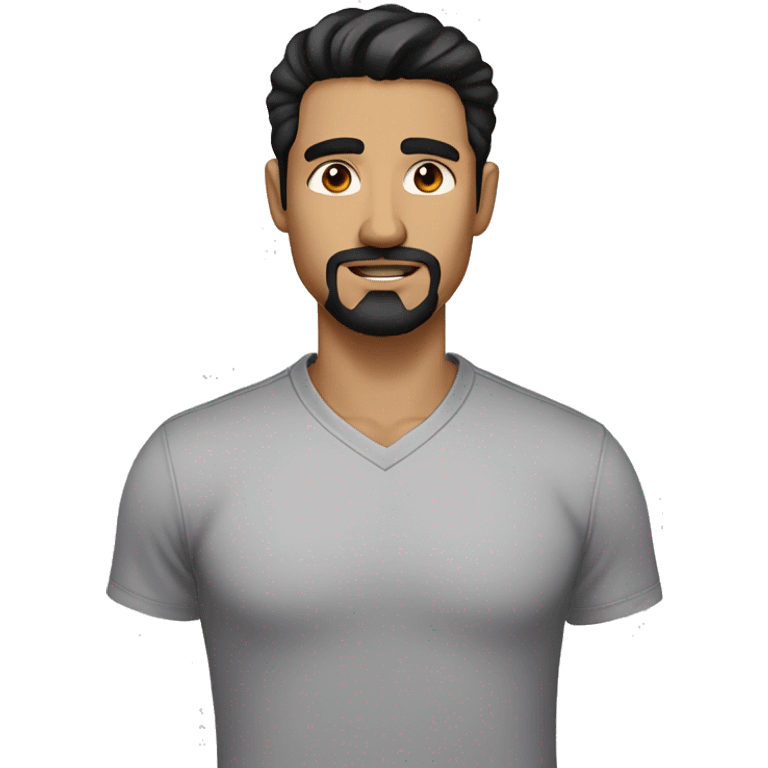 confident man, black hair, disconnected black goatee, white skin, brown eyes, wearing a light gray shirt emoji