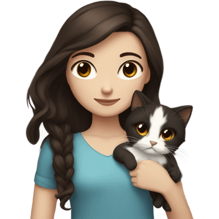 girl with dark brown hair and brown eyes. she has white skin. she is holding her brown and black cat. the cat has very scruffy fur emoji