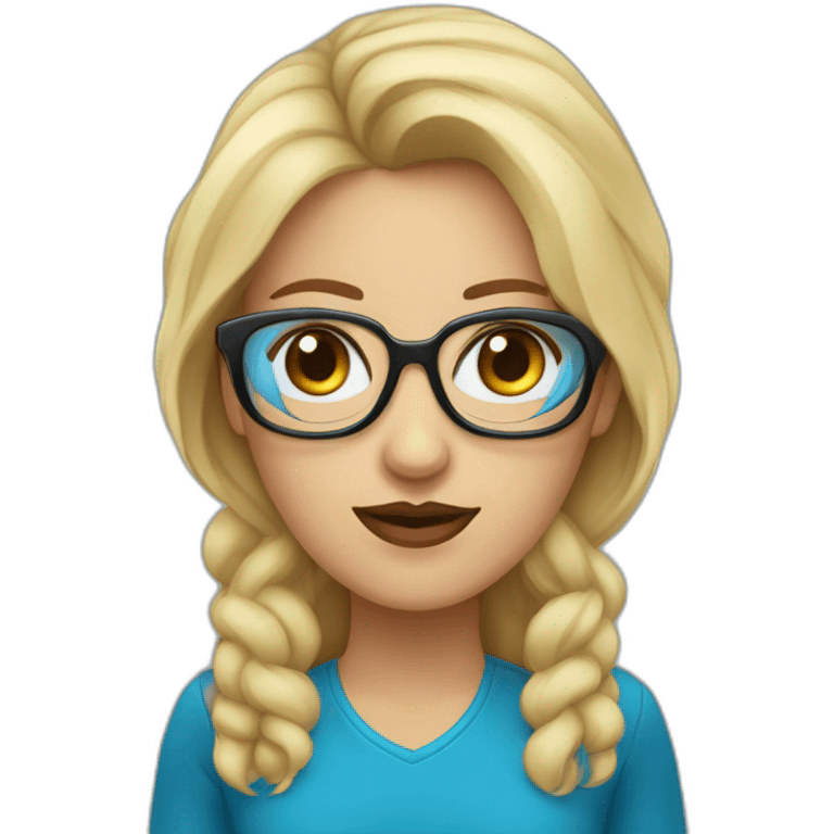 mujer rubia con ojos azules,pelo largo ondulado,labios rojos y gafas negras emoji