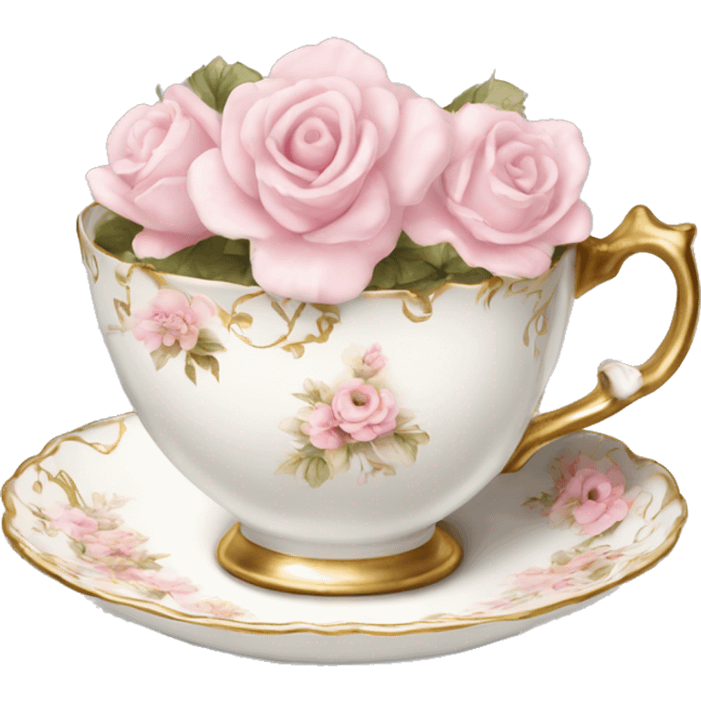 White teacup with baby pink floral antique print with gold accents  emoji