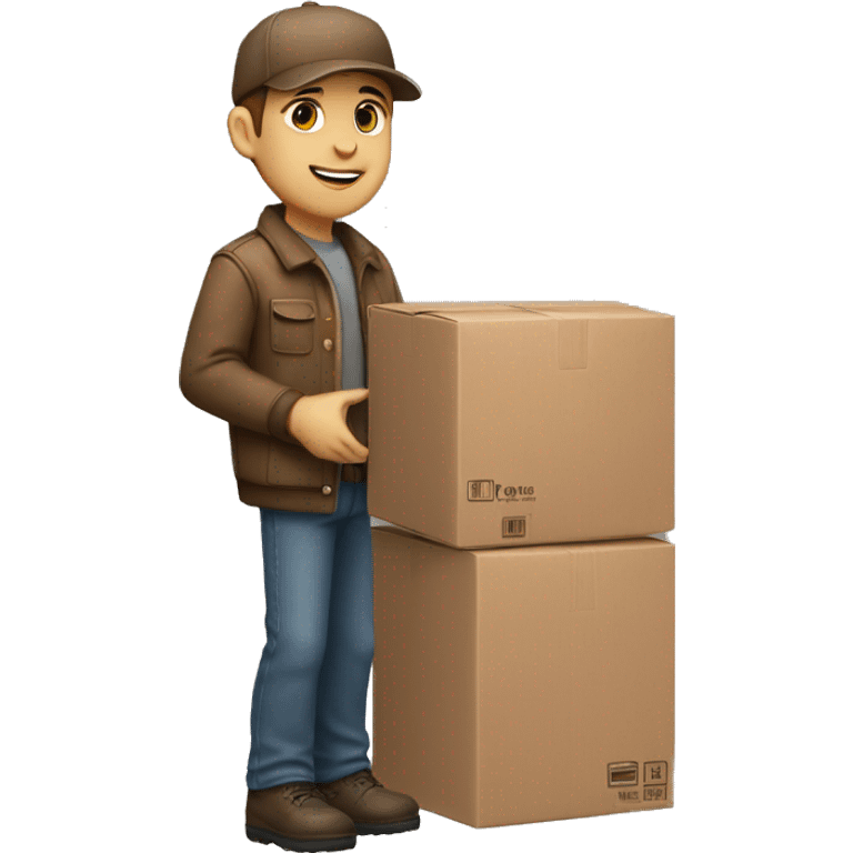 Delivery boy, full body, light skin tone, wearing brown cap and brown jacket, UPS delivery company uniform loading a package without background emoji