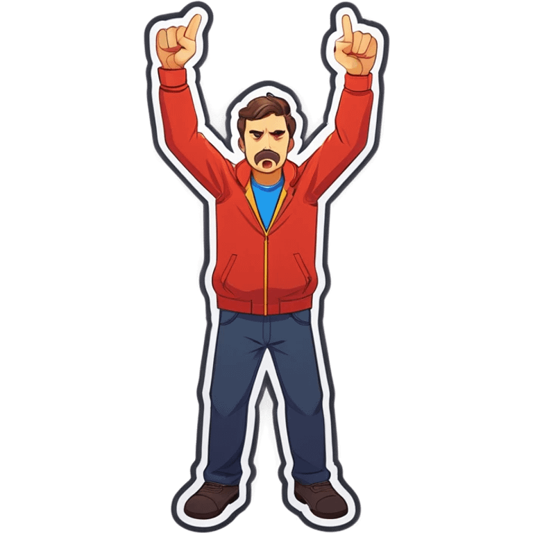 Man holding both arms in the air and holding an electrical cable der Man looks sad emoji