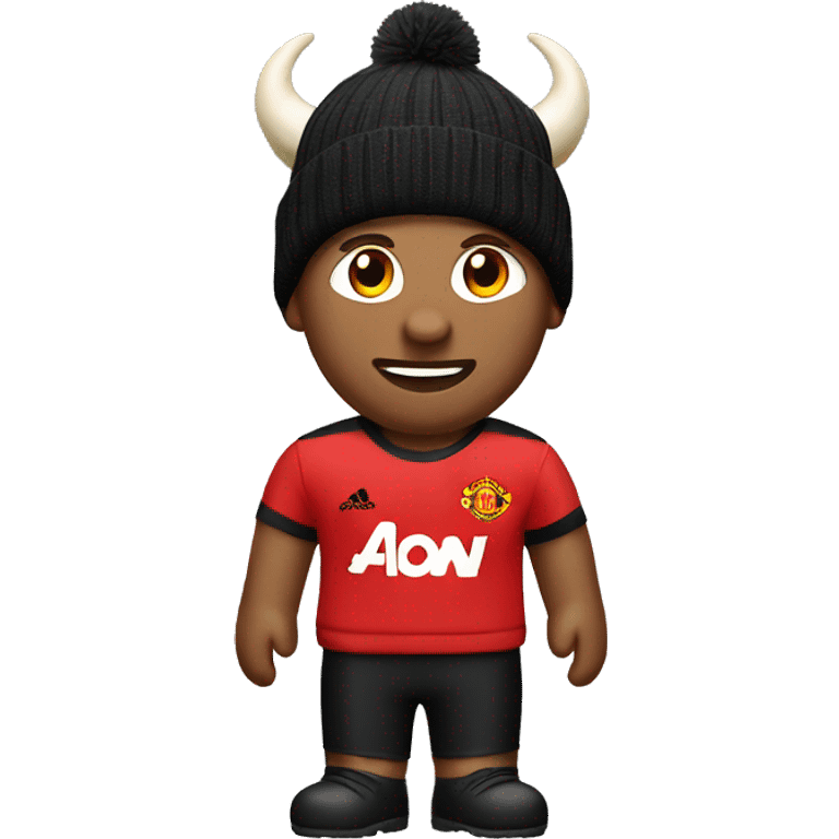 a man with horns in a red Manchester United football club T-shirt. He wears a black winter hat on his head emoji