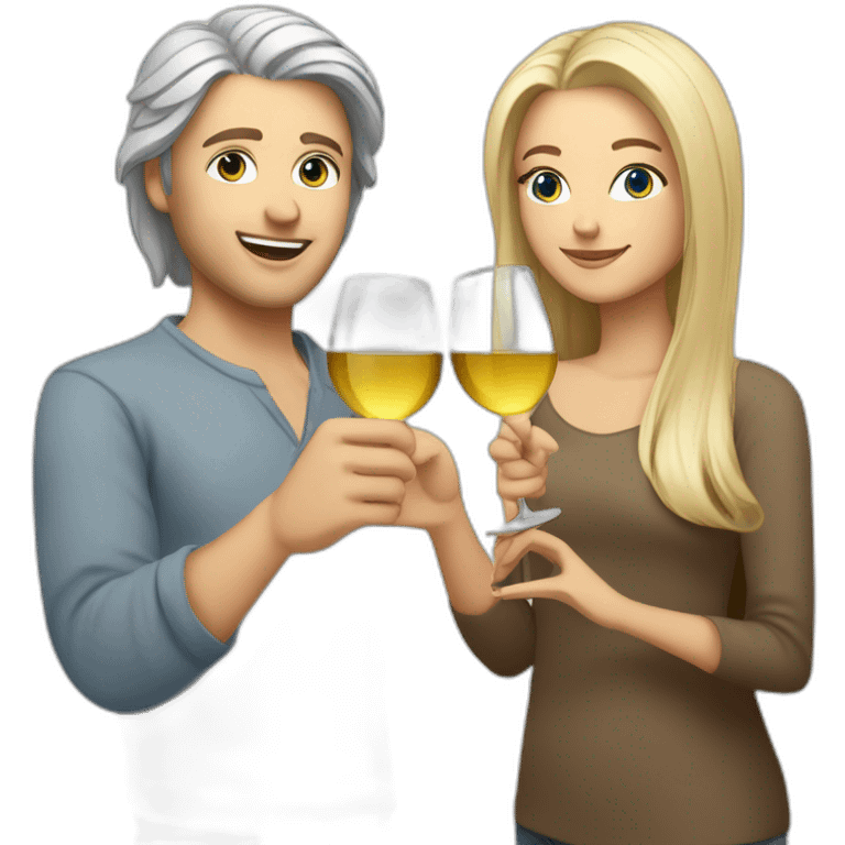 A white female with brown eyes and blond medium long hair and a white male with blue eyes and grey hair, they toast to each other with a glass of white wine. emoji