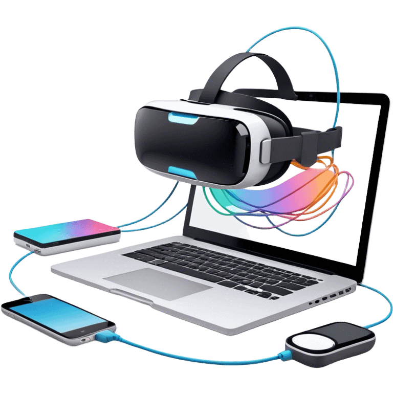 VR headset lying next to a laptop, connected by wires. On the laptop screen a VR/AR modeling program is opened. Floating 3D models or virtual objects. Modern, tech-inspired colors. No emojis or smiley faces. Transparent background. emoji