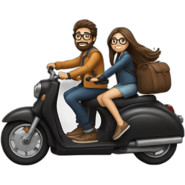 long haired boy with beard and spectacles and girl on back riding on black scooter emoji