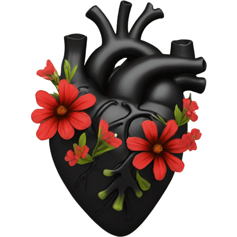 black anatomical heart with red wildflowers emoji