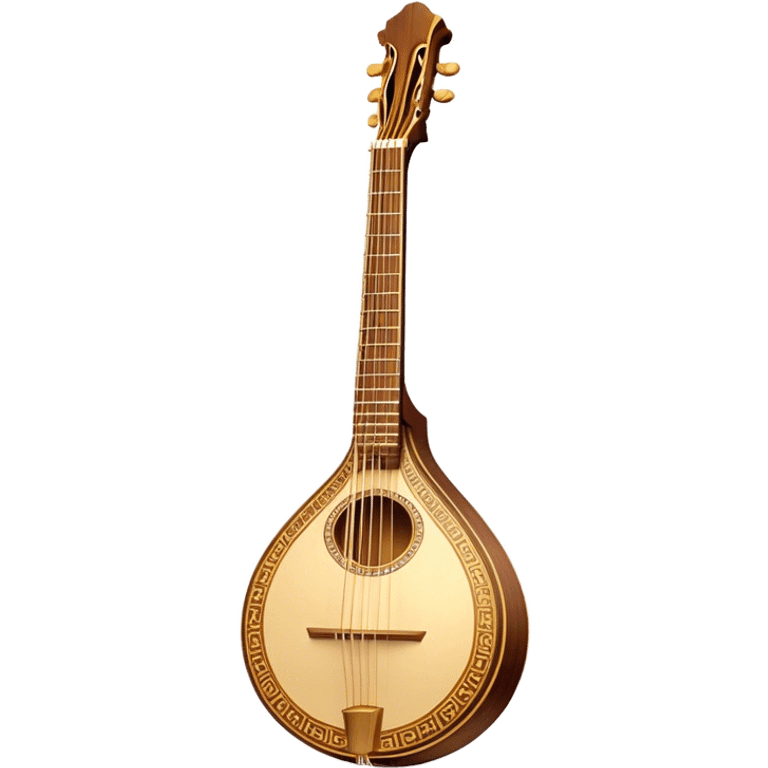 Bouzouki – Cinematic Realistic Bouzouki, depicted as a beautifully crafted Greek string instrument with a long neck and ornate fretwork, its polished wooden body reflecting warm golden light, set on a rustic background with soft shadows that evoke traditional Mediterranean music. emoji