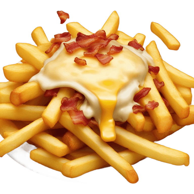 Pile of French fries covered in melted cheese and bacon bits emoji