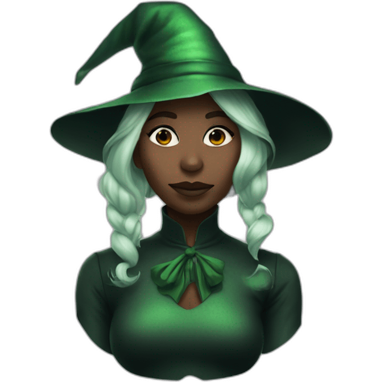 Cynthia Erivo with green skin and a witch hat emoji