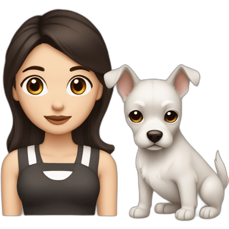 One white women with long dark brown hair and long eyelashes dark brown eyes and thick dark brown eyebrows with one black dog with a white stripe on the neck and ears raised up emoji