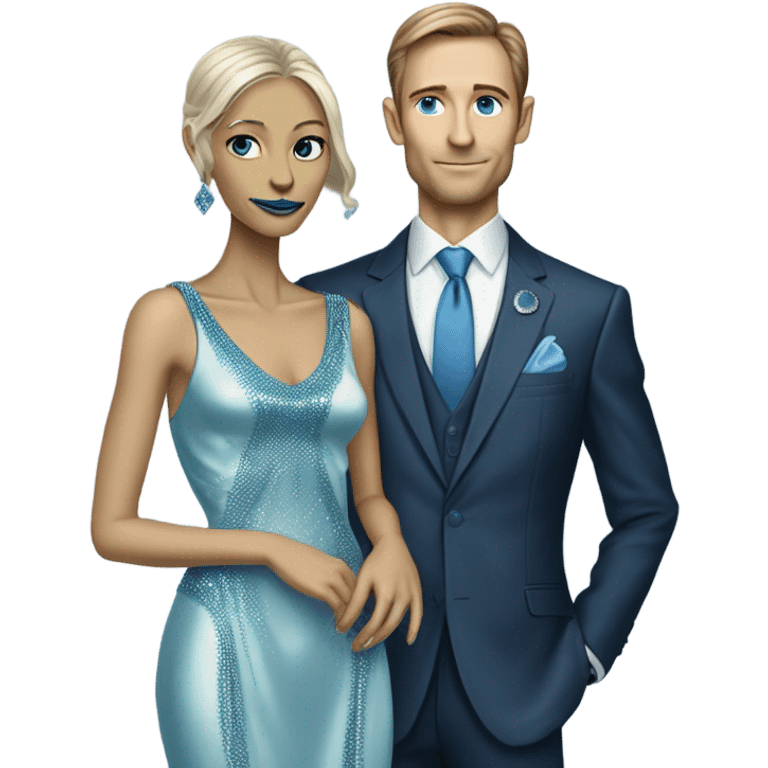 alien reptilian woman in long slim pastel blue formal party satin dress with gradient shiny sparkling navy blue diamonds embroidered , and caucasian man in black dress emoji