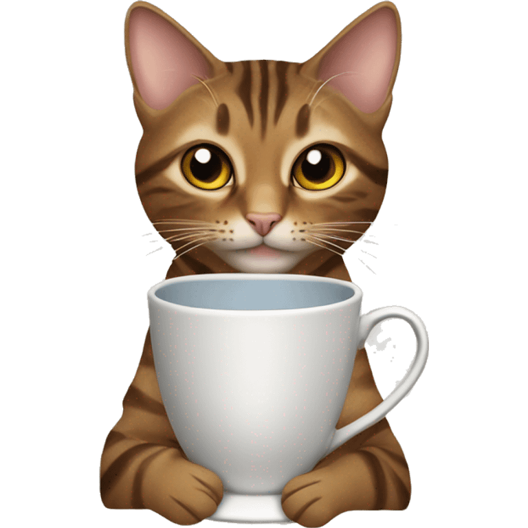 hazel eyed brown Tabby cat holding a cup of tea emoji