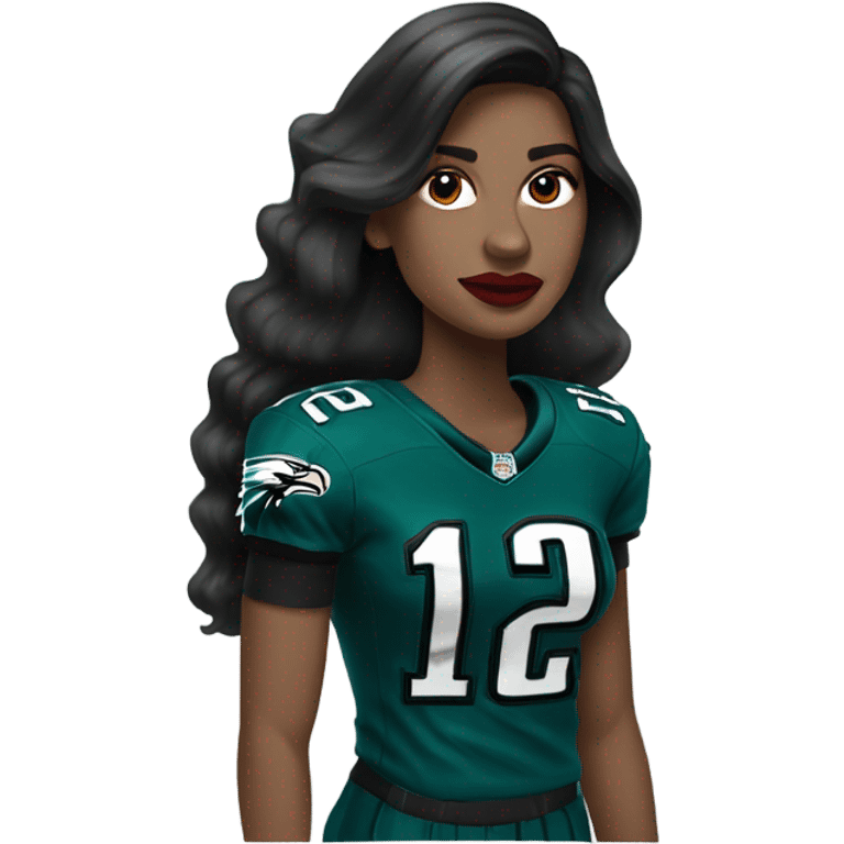 White female long dark hair red lips wearing Philadelphia Eagles jersey emoji