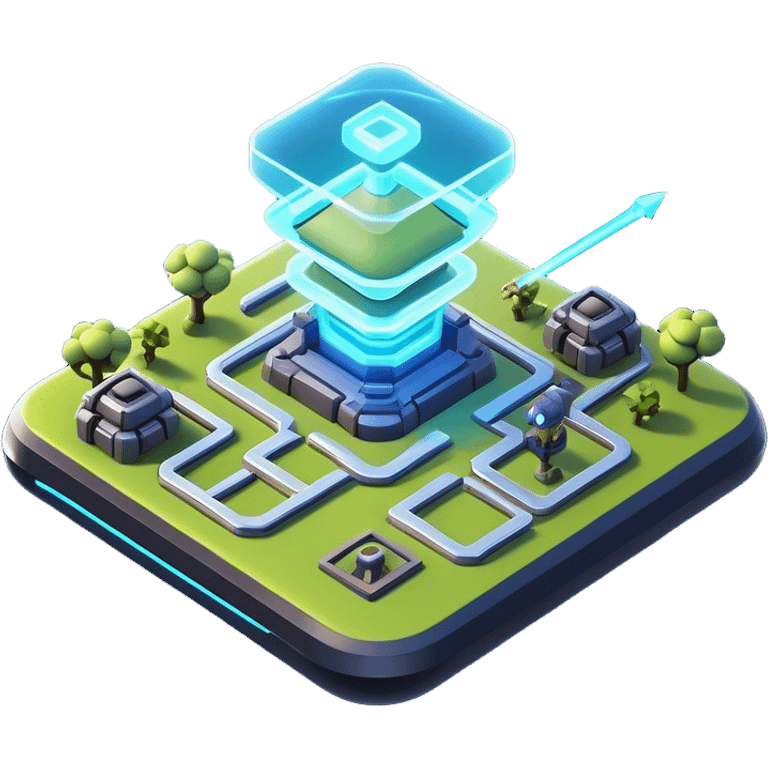 Clash of Clans aesthetic: Cinematic Playful 3D Isometric Holographic Map Emoji, rendered in a 3D vector-style similar to standard emojis with minimal shading and bold, simplified shapes. A compact, distinct form with signature details, softly glowing with a futuristic sci-fi warfare charm. Simplified yet unmistakably iconic, highly detailed and consistent, glowing with a soft radiance and high shine. Stylized with a touch of high-tech brilliance and a soft glowing outline, capturing the essence of a beloved gaming relic with a friendly, playful manner! emoji