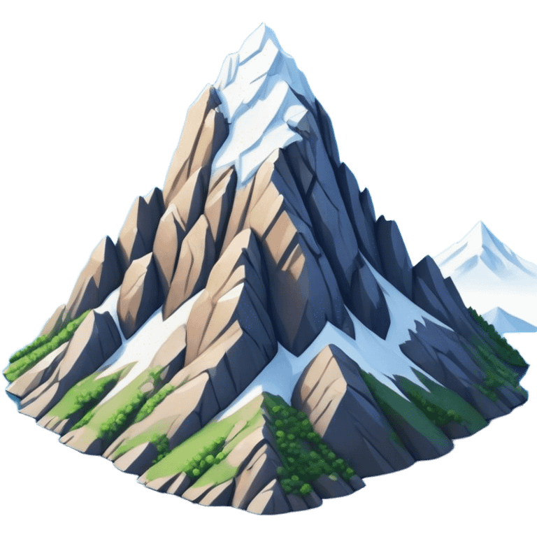 Cinematic Realistic Mountain Emoji, Majestic and towering, with craggy, snow-capped peaks rising sharply against a deep blue sky. The rugged terrain is dotted with rocky outcrops and patches of greenery, with clouds swirling around the higher reaches. Soft glowing outline, capturing the essence of ancient strength and natural beauty in a towering mountain! emoji