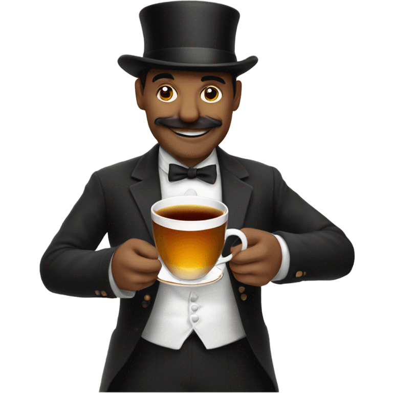 Sleek smile while drinking small tea with pinky up. Man wearing top hat with small mustace emoji