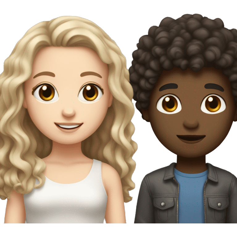 A white girl with dark blonde hair, grey eyes and shorter with her boy best friend who has brown skin, curly Afro dark hair and brown eyes who is taller  emoji