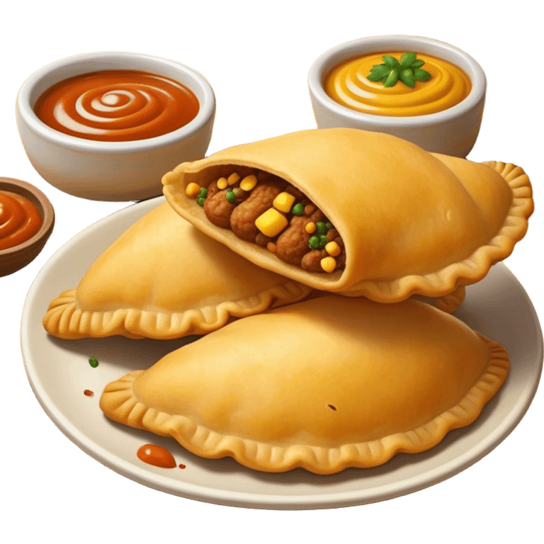 Cinematic Realistic Colombian Cornmeal Empanadas Emoji, showcasing the golden, crispy shell filled with savory meats and spices, served with a side of aji dipping sauce, rendered with vibrant textures and warm, inviting lighting. emoji