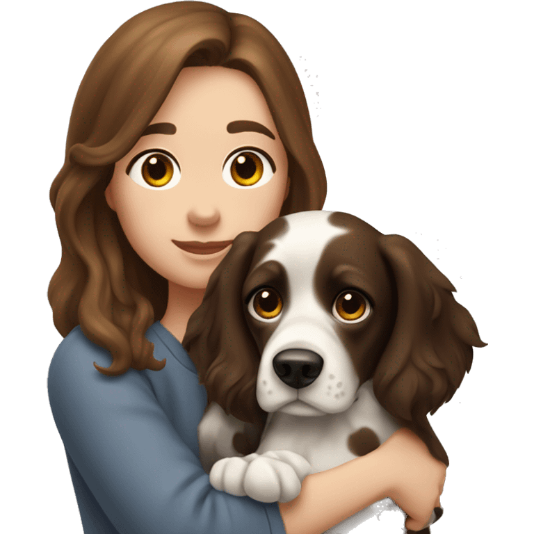 Girl with brown hair hugs a dog Russian hunting spaniel dog with black ears and nose and white muzzle and black big spots on the back emoji